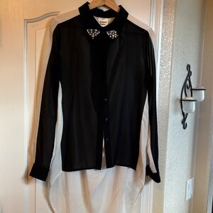 Dream State Black Sheer Button-Up Blouse with Embellished Collar and Back Cutout